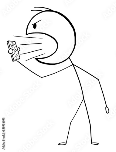 Vector cartoon stick figure drawing conceptual illustration of angry man or businessman shouting or yelling on someone in cellphone or mobile phone.