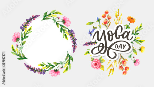 Lettering Yoga. Vector background International Yoga Day. Vector design for poster, T-shirts, bags. Yoga typography. Vector elements for labels, logos, icons, badges.