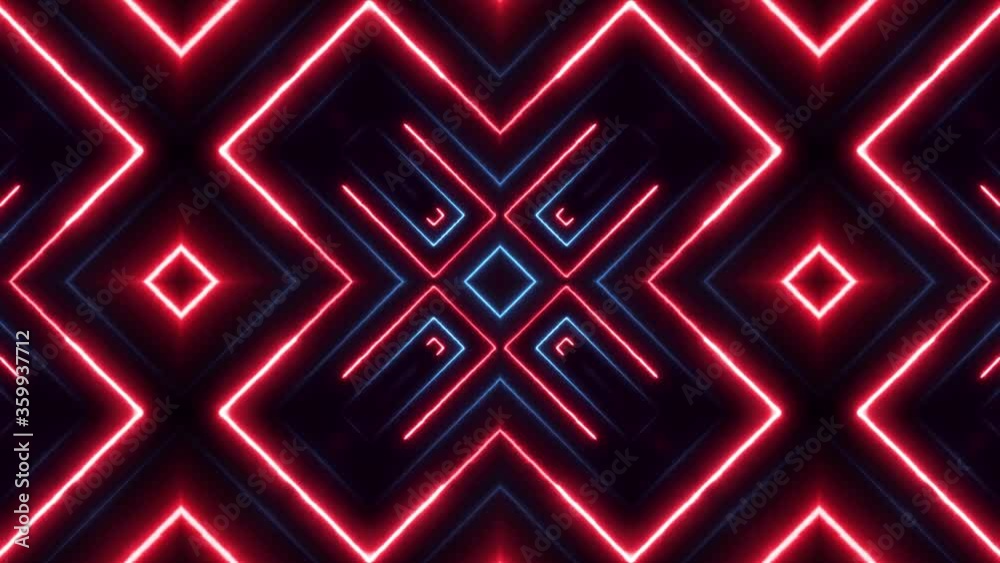 Abstract Digital Kaleidoscopic Background Neon Polygon/ 4k animation of an abstract digital kaleidoscope cg background with neon light polygons in slow motion seamless looping