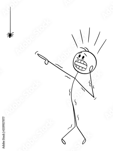 Vector cartoon stick figure drawing conceptual illustration of frightened man with arachnophobia watching small spider and undergoes panic attack.