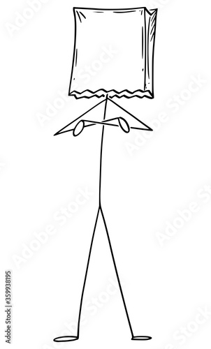 Vector cartoon stick figure drawing conceptual illustration of man or businessman standing with arms crossed and paper bag on his head. He is hidden from problems.