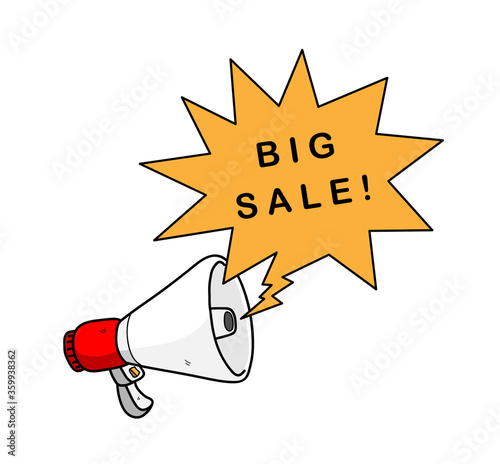 Megaphone with big sale caption, hand drawn vector illustration of a megaphone announcing big sale event