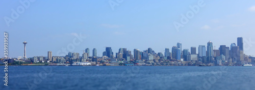 Wide Panoramic image of the entire waterfront Skyline of the City of Seattle Washington