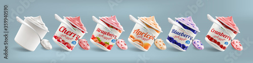 Set of Natural Greek Yogurt packaging container jar design, including strawberry, blueberry, cranberry, cherry, apricot, chocolate taste and blank one, also can be used for ice-cream design