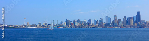 Seattle skyline and skyscrapers photographed from the Puget Sound in Washington © Steve Azer