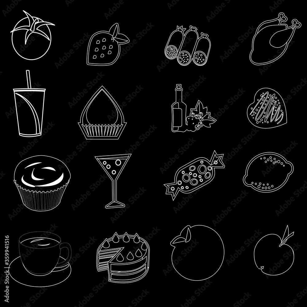 Food icons editable line icons vector set on black and white background. Food icons white outline illustrations, signs, symbols