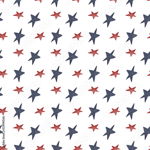 Bright red blue square seamless pattern for america independence day 4th july. National flag stars. Textural flat digital art. Print for packaging, banner, postcard, invitation.