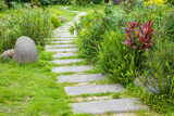 The stone walkway winding its way through a tranquil summer garden