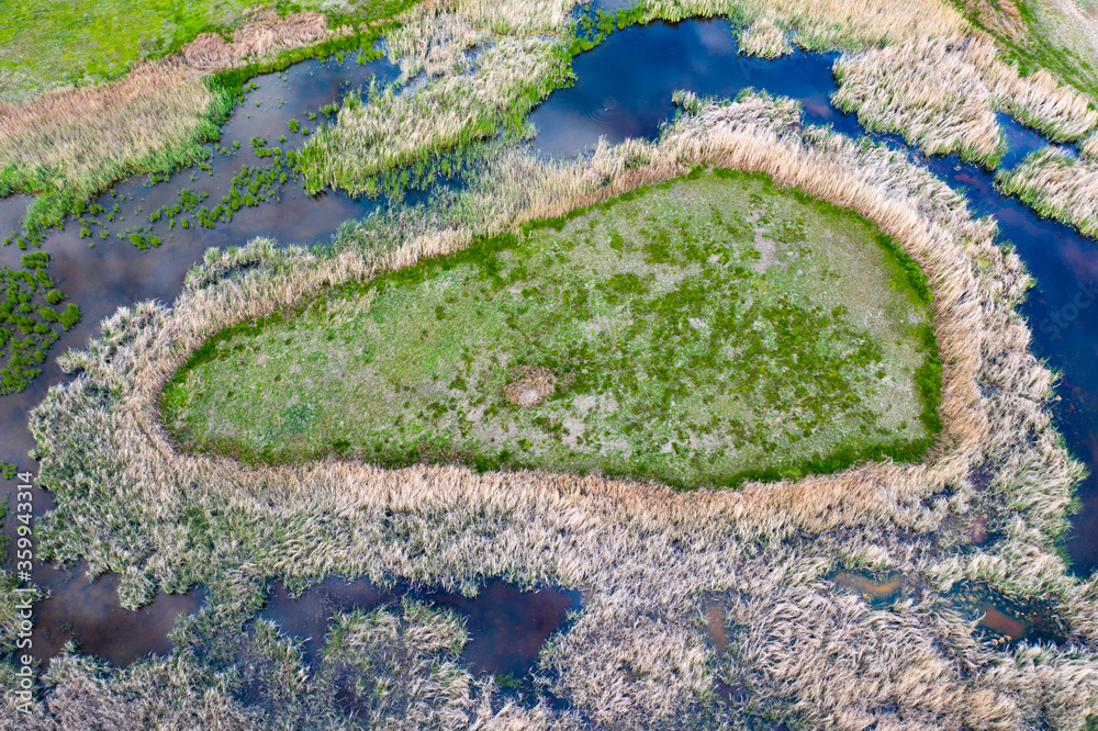 Aerial view of small swamp. Abstract background.