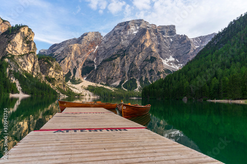 Lago di Braies, a picturesque lake in the Dolomites.