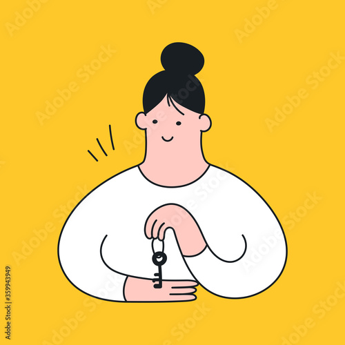 Woman holding the key. Access, registration, login, password, accessibility concept. Flat thin line vector illustration on white.