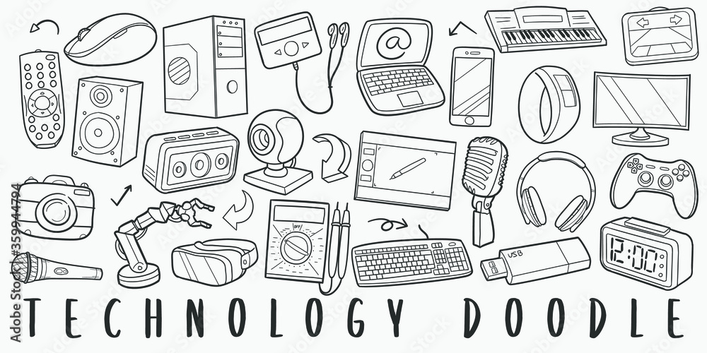 Technology Doodle Line Art Illustration. Hand Drawn Vector Clip Art. Banner Set Logos. Technology Doodle Line Art Illustration. Hand Drawn Vector Clip Art. Banner Set Logos.