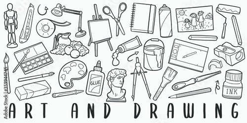 Art and Drawing Doodle Line Art Illustration. Hand Drawn Vector Clip Art. Banner Set Logos.