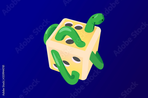 Dice eaten by a snake, concept of game addiction, simple vector illustration