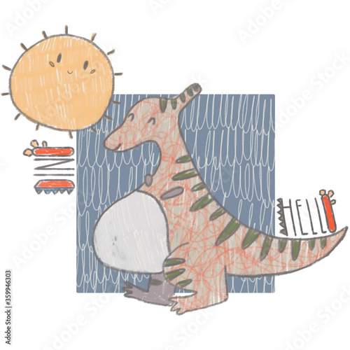 Composition with prehistoric dinosaur Parasaurolophus , sun, and words hello dino