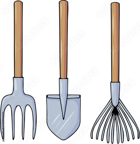 Garden tool kit, shovel, rake, pitchfork color vector illustration isolated on white background