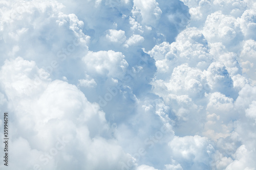 Fototapeta Naklejka Na Ścianę i Meble -  White & blue soft cumulus clouds in the sky close up background, big fluffy cloud texture, beautiful cloudscape skies backdrop, sunny cloudy heaven pattern, cloudiness weather landscape, copy space