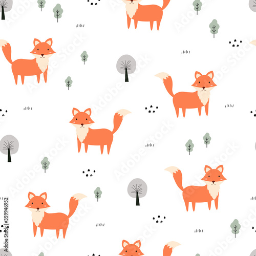 Cartoon animal background hand drawn fox Seamless vector pattern