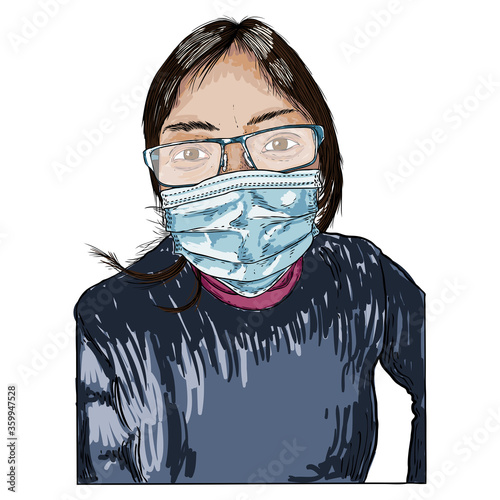 Woman in protective medical face mask, New Normal social concept, young female wearing prevention and protection from coronavirus COVID-19 virus and urban air pollution. Vector.
