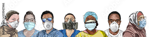 Novel coronavirus COVID-19 new normal social concept. Composition of people in protective and medical face masks. Prevention and quarantine from infections, flu contaminated air pollution. Vector.