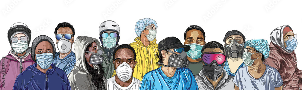 Fototapeta premium Composition of people in protective medical face masks. New Normal social concept, Crowd of men and women wearing protection from coronavirus COVID-19 virus and urban air pollution. Vector.