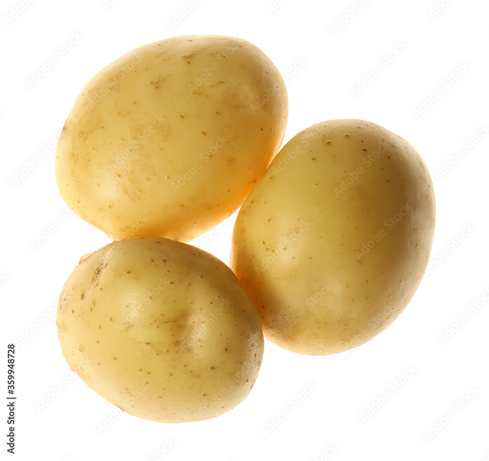 Fresh raw organic potatoes on white background, top view Fresh raw organic potatoes on white background, top view