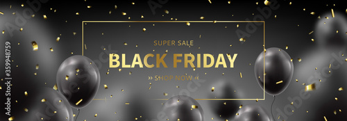 Horizontal banner for Black Friday sale. Realistic flying balloons with golden confetti on black background. Social media banner template. Promo discount offer. Vector illustration. photo