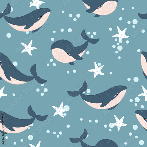 whale repeat pattern. Nursery art background. Children's fabric pattern design.
