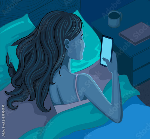 A young woman lies in bed and looks at the phone screen. Night lighting in the bedroom. Cartoon style. Vector illustration.