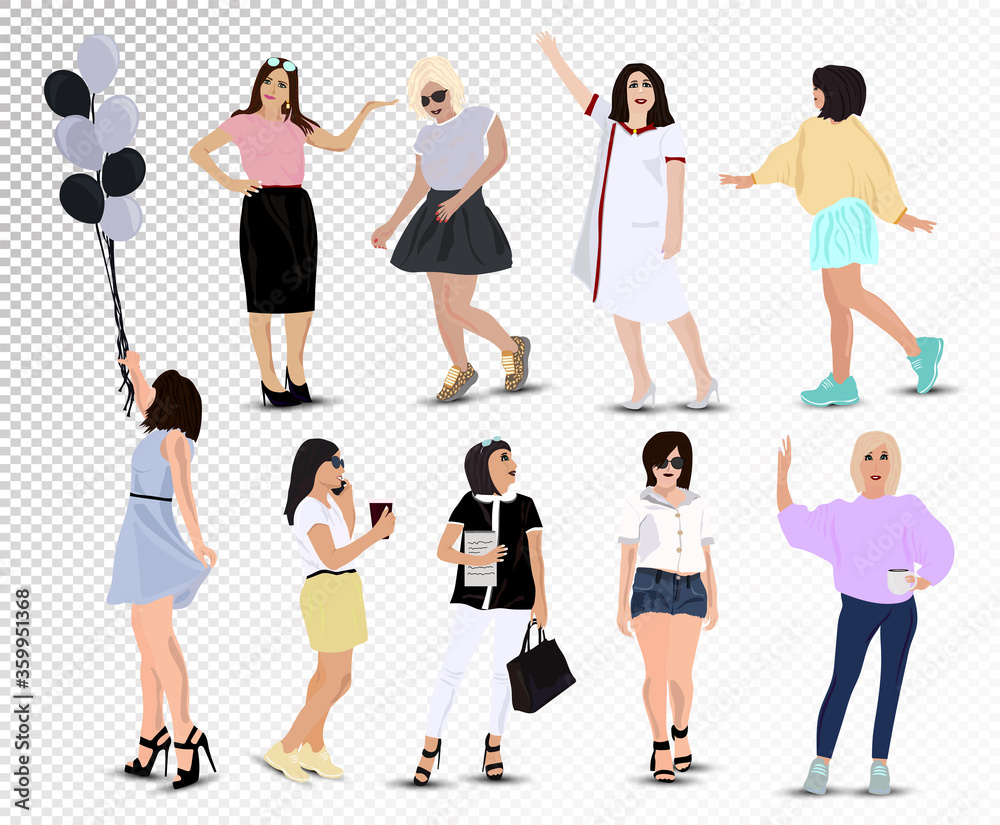 Set of Young happy girls, office girl, schoolgirl, health worker, girl with balls, student, women medical worker, business women. Set vector icons. Vector in a flat style on transparent background. Set of Young happy girls, office girl, schoolgirl, health worker, girl with balls, student, women medical worker, business women. Set vector icons. Vector in a flat style on transparent background.