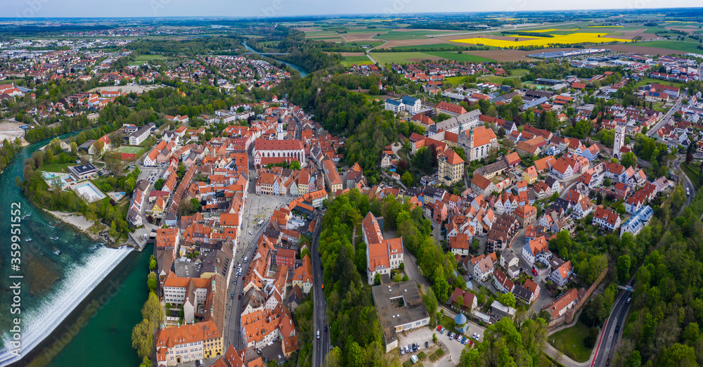 Aerial view of the city Landsberg am Lech in Germany, Bavaria on a sunny spring day during the coronavirus lockdown.
