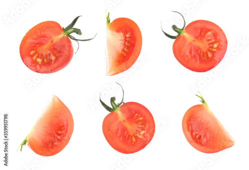 Fototapeta Naklejka Na Ścianę i Meble -  Set with delicious ripe cherry tomatoes on white background