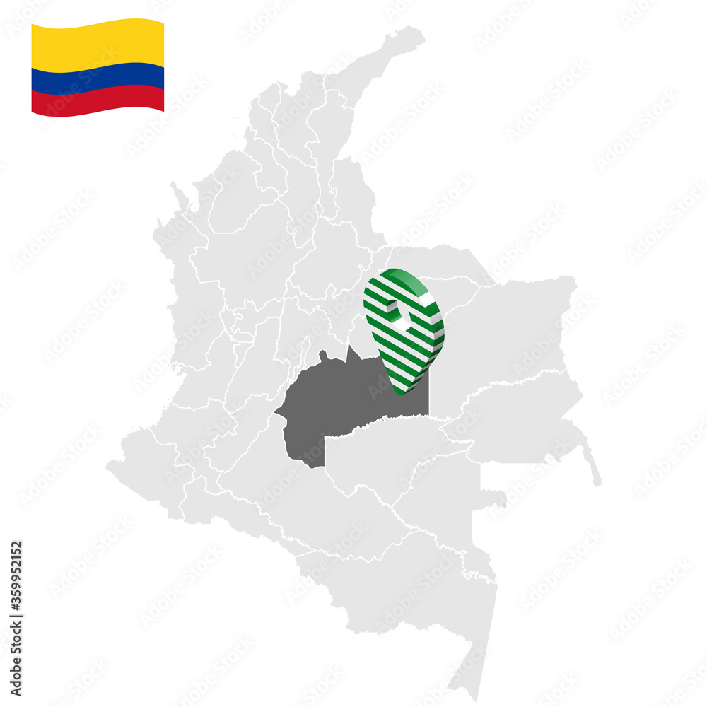Location of Meta on map Colombia. 3d Meta location sign. Flag of Meta