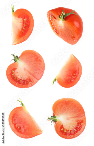 Set with delicious ripe cherry tomatoes on white background