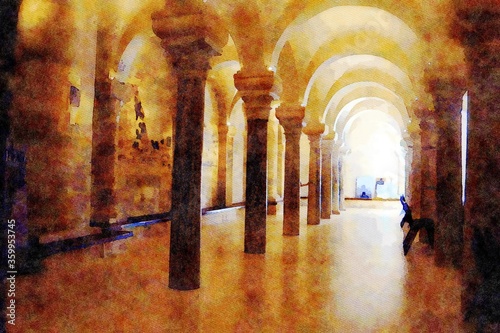 watercolorstyle representing a glimpse of the arches in the crypt of the church of Otranto in Salento in Puglia, Italy photo