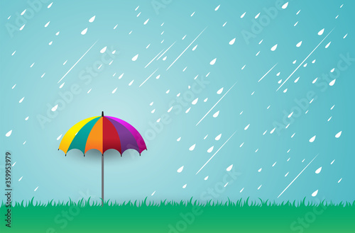Colorful umbrellas in rainy day, vector design.