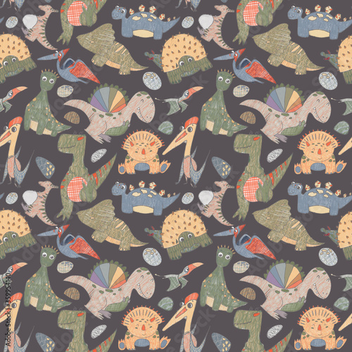 Seamless pattern on dark gray background of dinosaurs with Tyrannosaur Diplodocus Pterosaur Rhamphorhynchus Triceratops Ankylosaurus Quetzalcoatl Spinosaurus Pteranodon Parasaurolophus