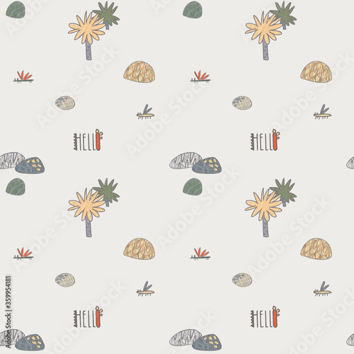 Seamless pattern on gray background with Insects, palm tree and rocks