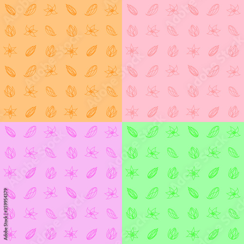 Background of flowers in four colors. Flowers are drawn in the outline. Four shades of green, pink, orange and yellow were used. Can be used as background, drawing for packaging, boxes, notebooks, wra photo