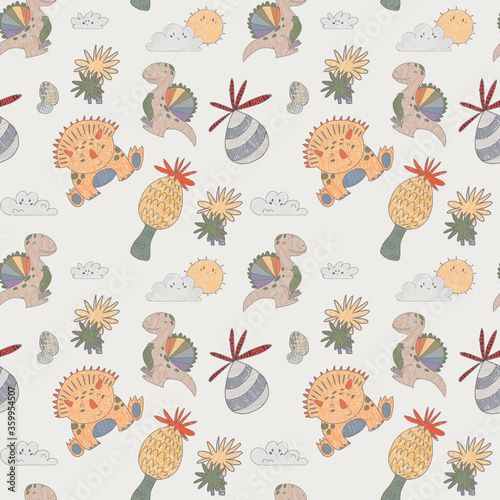 Seamless pattern on gray background of dinosaurs Spinosaurus, Triceratops,  trees, sun, clouds