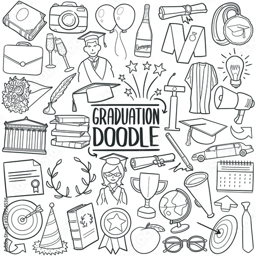 Graduation doodle icon set. School finnish Vector illustration collection. University Party Hand drawn Line art style.