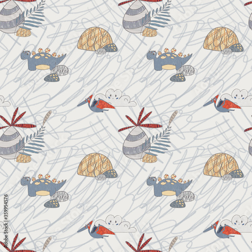 Seamless pattern on gray background with dinosaurs stegosaurus and Pterosaur Pteranodon 