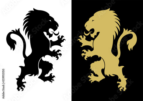 Two heraldic rampant lion silhouettes. Coat of arms. Heraldry logo design element. A lion rampant standing from a coat of arms or heraldic crest. Gold Lion black Background flat design. Vector