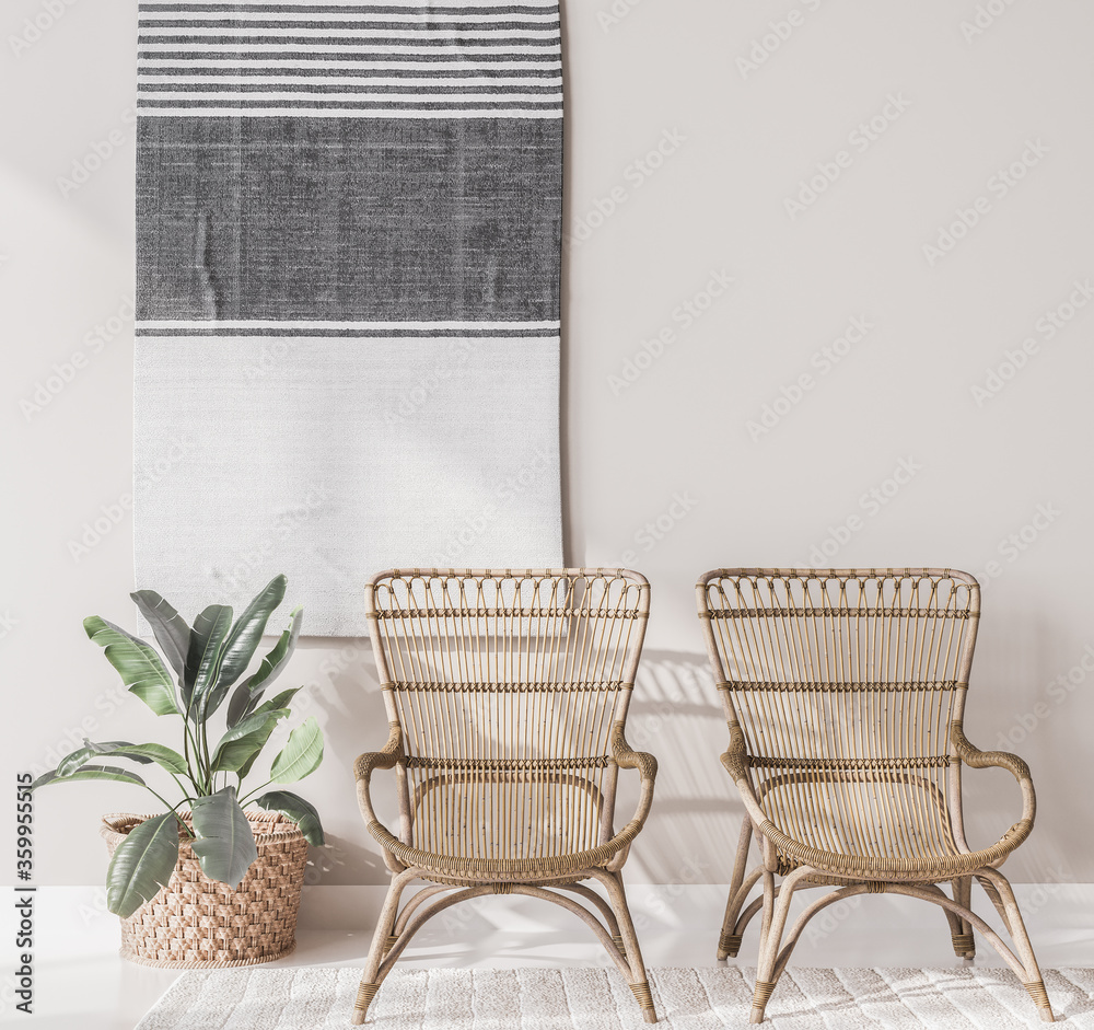 Scandinavian design home interior of living room with wooden armchairs,  rattan basket, plants and trendy home accessories. Stylish home decor.  Template. Interior mock up Stock Illustration | Adobe Stock