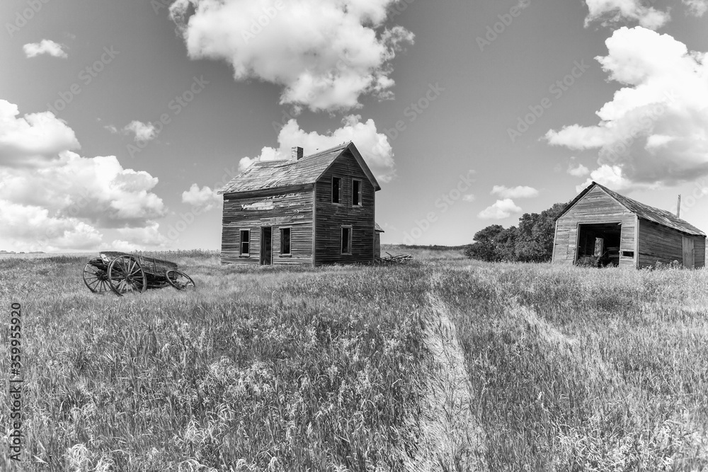 abandoned farmyard with an old house and old wagon cart abandoned farmyard with an old house and old wagon cart