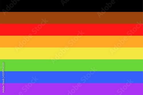 Illustration of Philadelphia 2017 8-stripe rainbow pride flag/banner of LGBTQ+ (Lesbian, gay, bisexual, transgender & Queer) organization. Black & Brown depicting people of color within the community