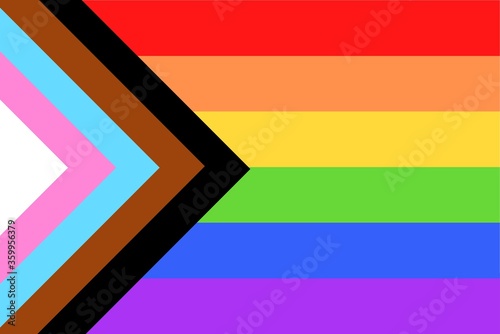Illustration of colorful new Social Justice / Progress rainbow pride flag / banner of LGBTQ+ (Lesbian, gay, bisexual, transgender & Queer) organization. June is celebrated as the Pride Parade month