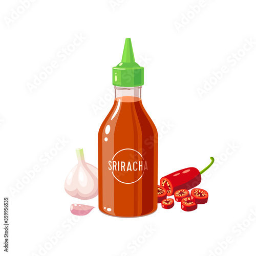 Hot chilli sauce sriracha bottle, garlic and pepper, vector illustration cartoon icon isolated on white background.