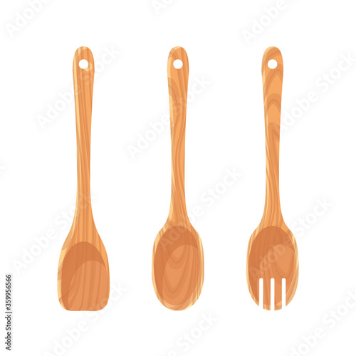 Kitchen wooden utensil collection. Vector illustration cartoon flat icon set isolated on white background.