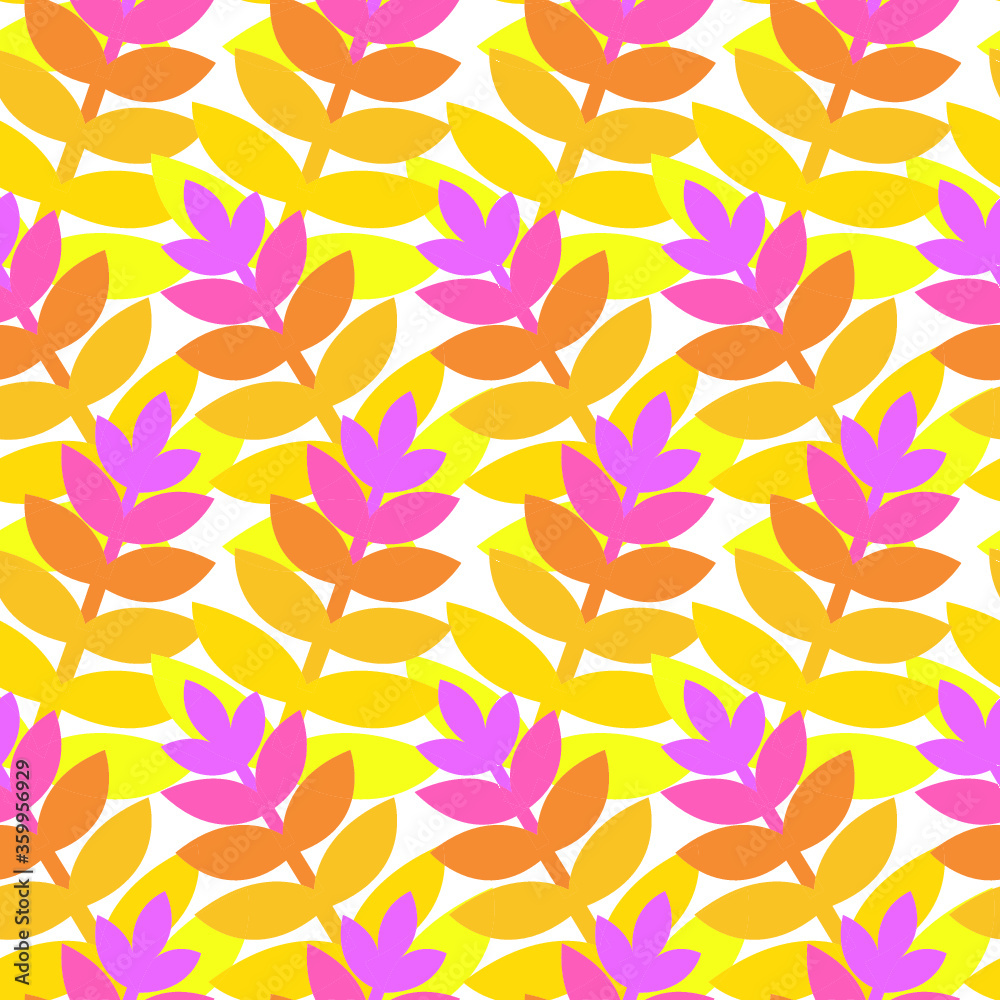 Vector Pink Yellow Simple Leaves Seamless Pattern